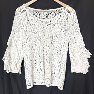 Fever Womens Feminine Floral Lace Blouse Size M Ruffle Sleeves Boho Victorian